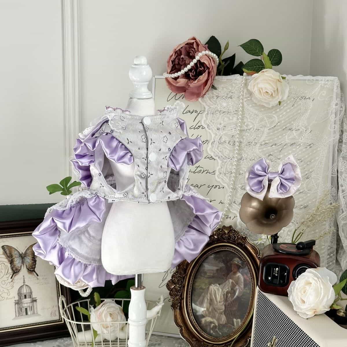 Customizable Elegant Pet Dress in Lavender and White with Lace and Bow Embellishments