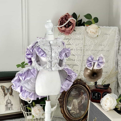 Customizable Elegant Pet Dress in Lavender and White with Lace and Bow Embellishments