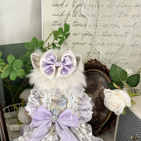 Customizable Elegant Pet Dress in Lavender and White with Lace and Bow Embellishments