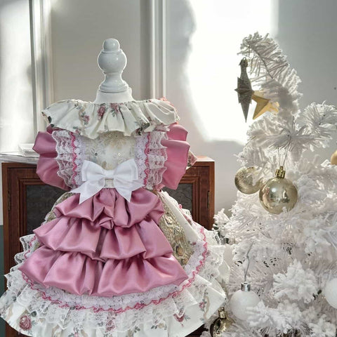 Customizable Pink and Cream Pet Dress with Ruffles and Lace