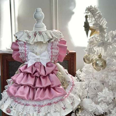Customizable Pink and Cream Pet Dress with Ruffles and Lace