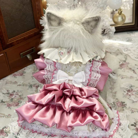 Customizable Pink and Cream Pet Dress with Ruffles and Lace