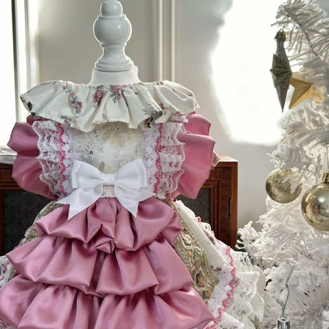 Customizable Pink and Cream Pet Dress with Ruffles and Lace