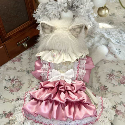 Customizable Pink and Cream Pet Dress with Ruffles and Lace