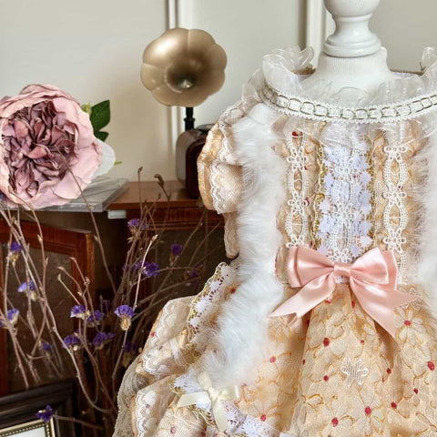 Customizable Luxurious Pet Dress with Fur Trim and Elegant Bow