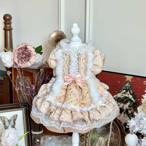 Customizable Luxurious Pet Dress with Fur Trim and Elegant Bow
