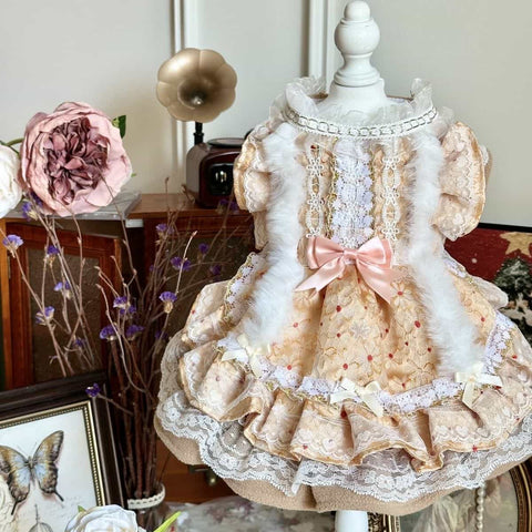 Customizable Luxurious Pet Dress with Fur Trim and Elegant Bow