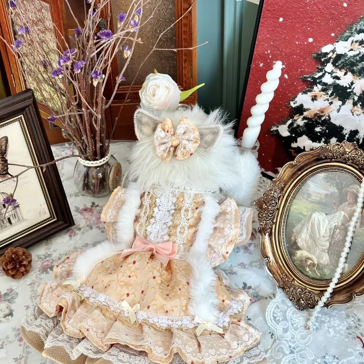 Customizable Luxurious Pet Dress with Fur Trim and Elegant Bow