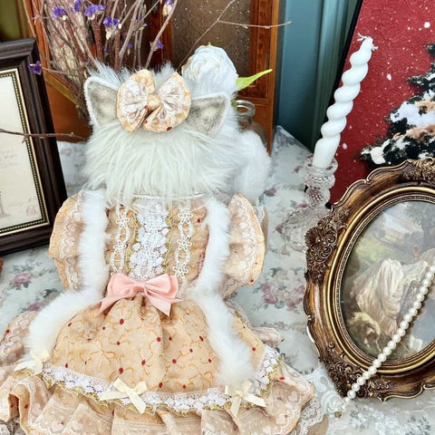 Customizable Luxurious Pet Dress with Fur Trim and Elegant Bow