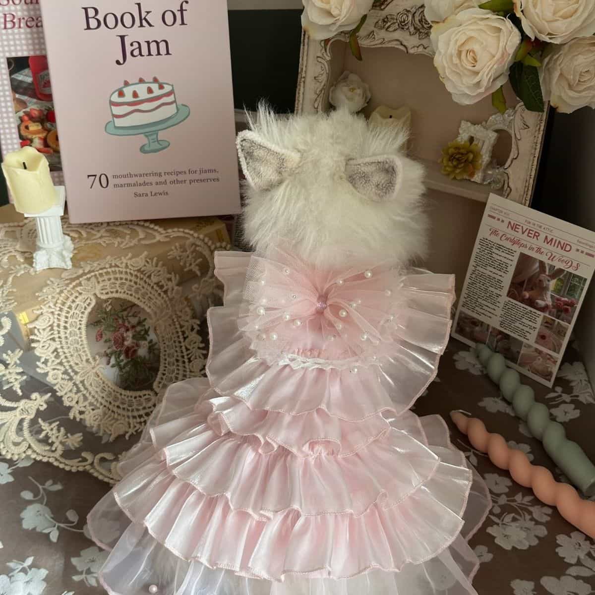 Customizable Elegant Pet Dress with Ruffled Layers and Pearl Accents