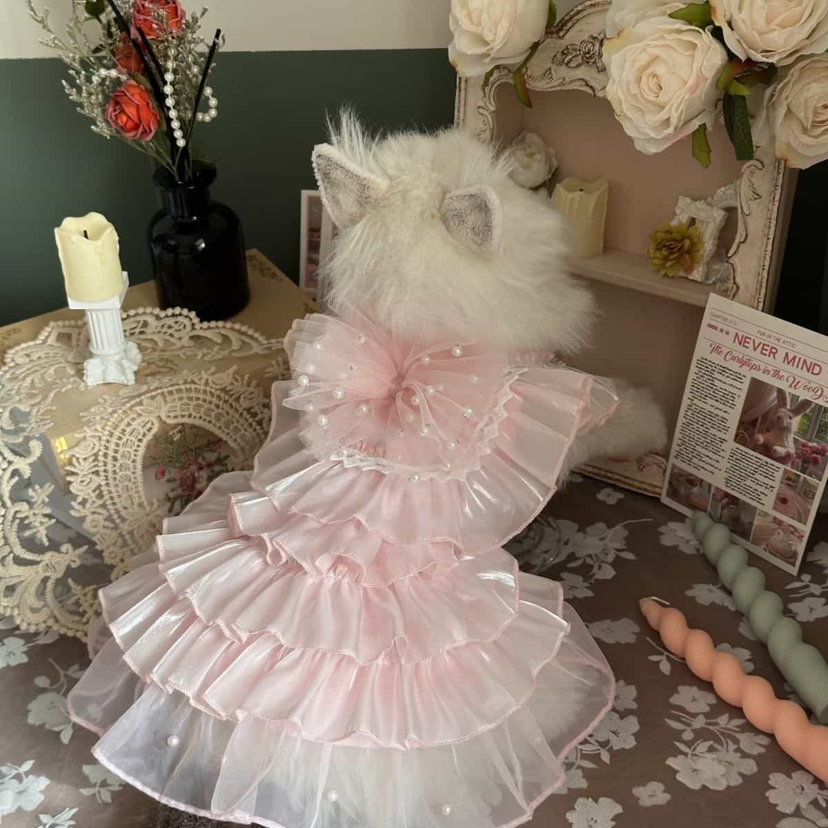Customizable Elegant Pet Dress with Ruffled Layers and Pearl Accents
