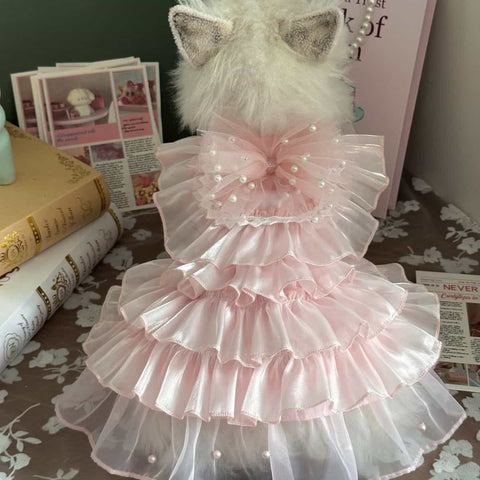 Customizable Elegant Pet Dress with Ruffled Layers and Pearl Accents
