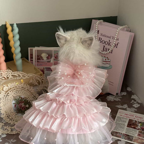 Customizable Elegant Pet Dress with Ruffled Layers and Pearl Accents