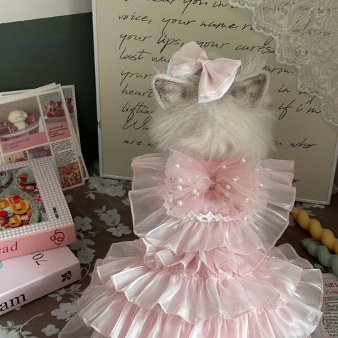 Customizable Elegant Pet Dress with Ruffled Layers and Pearl Accents