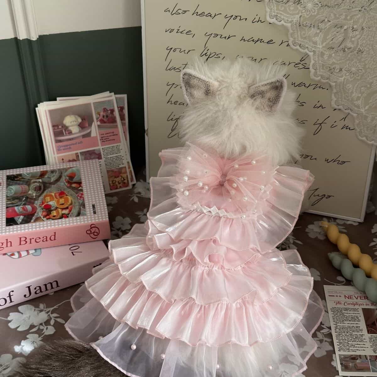 Customizable Elegant Pet Dress with Ruffled Layers and Pearl Accents