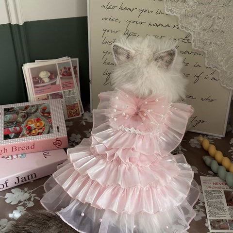 Customizable Elegant Pet Dress with Ruffled Layers and Pearl Accents