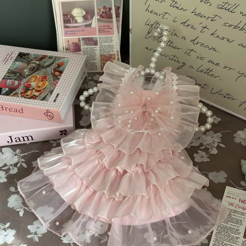 Customizable Elegant Pet Dress with Ruffled Layers and Pearl Accents