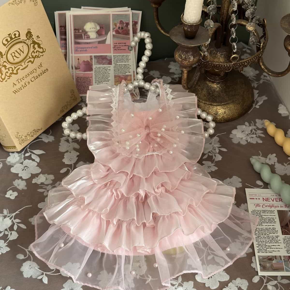 Customizable Elegant Pet Dress with Ruffled Layers and Pearl Accents