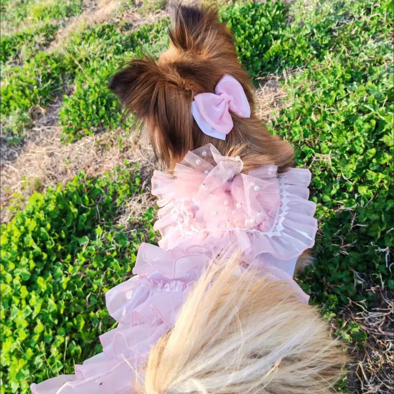 Customizable Elegant Pet Dress with Ruffled Layers and Pearl Accents