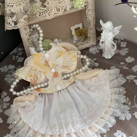 Customizable Peach Floral Pet Dress with Ruffles and Lace Accents