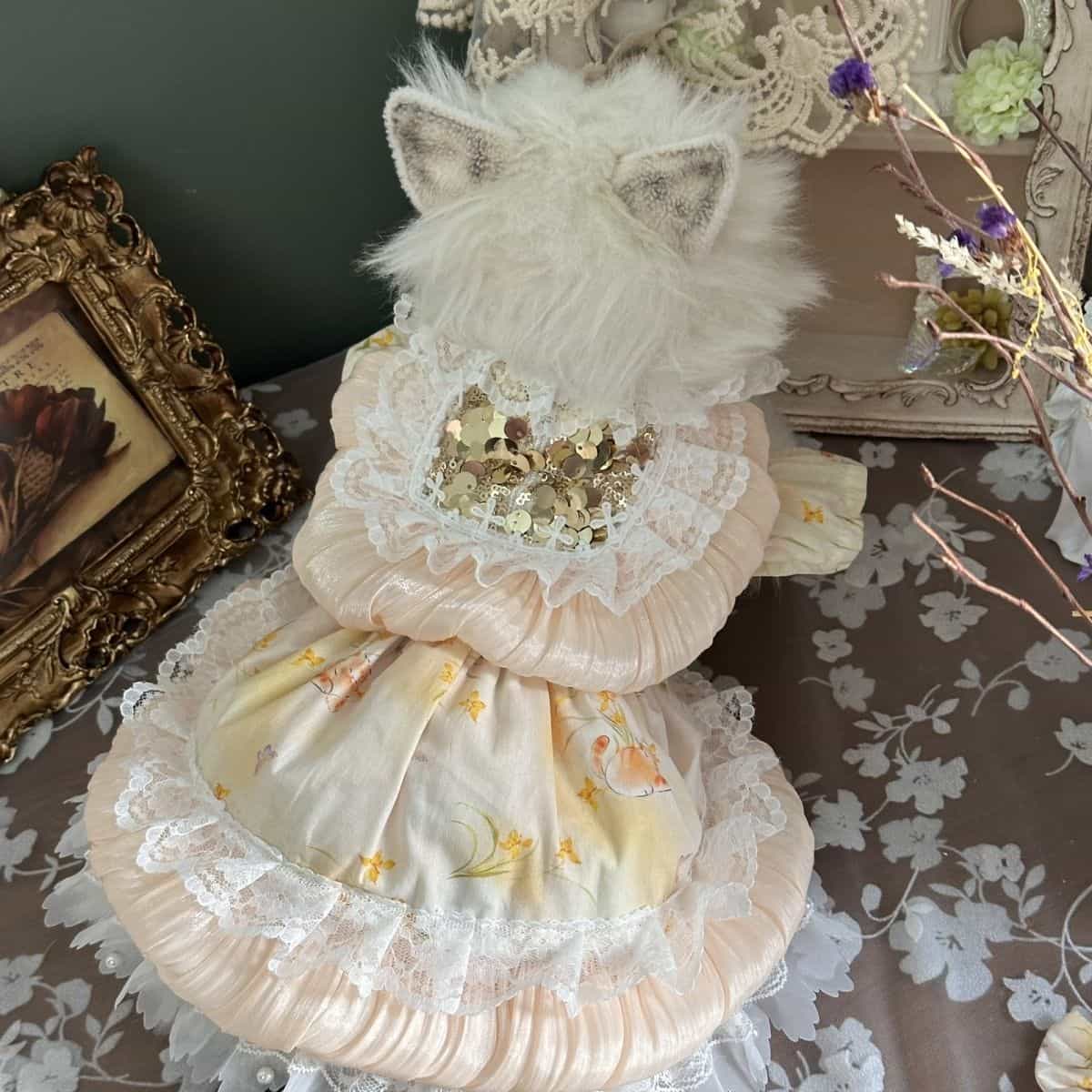 Customizable Peach Floral Pet Dress with Ruffles and Lace Accents