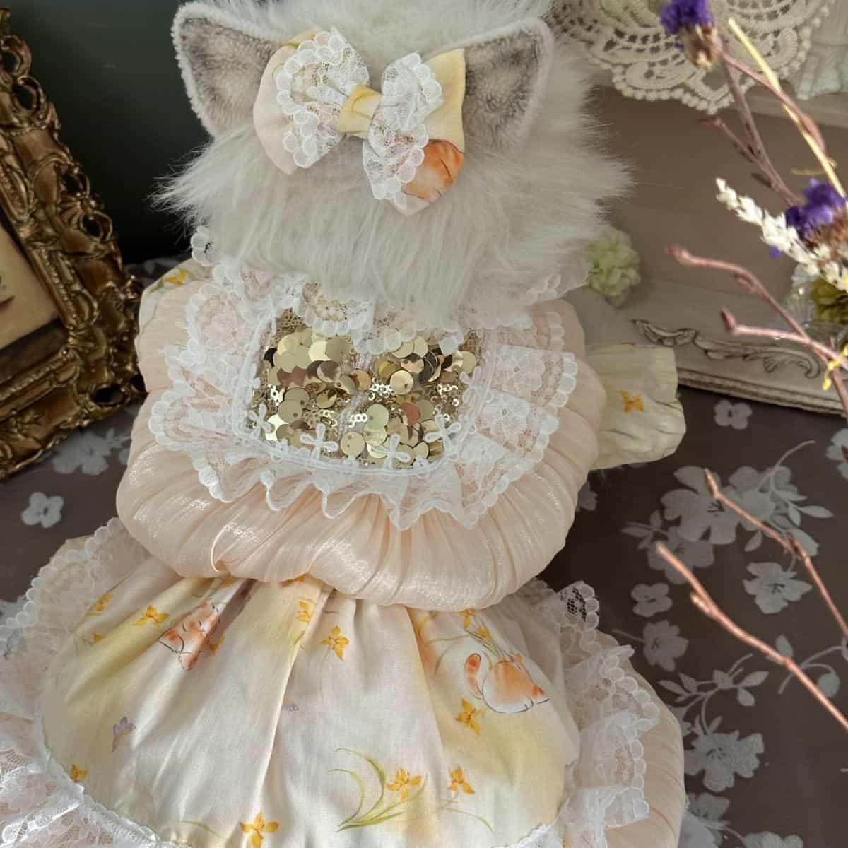 Customizable Peach Floral Pet Dress with Ruffles and Lace Accents