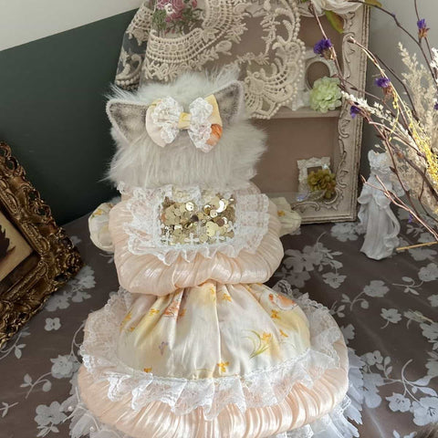 Customizable Peach Floral Pet Dress with Ruffles and Lace Accents