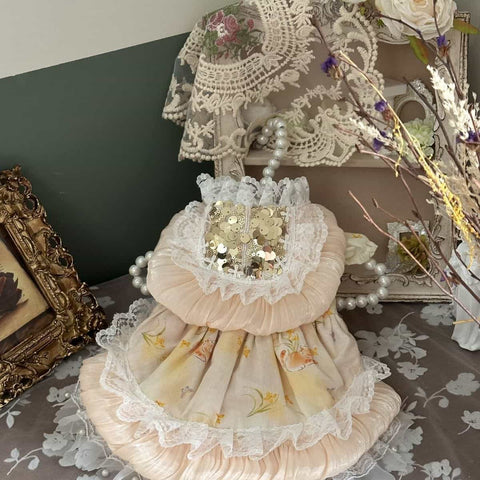 Customizable Peach Floral Pet Dress with Ruffles and Lace Accents