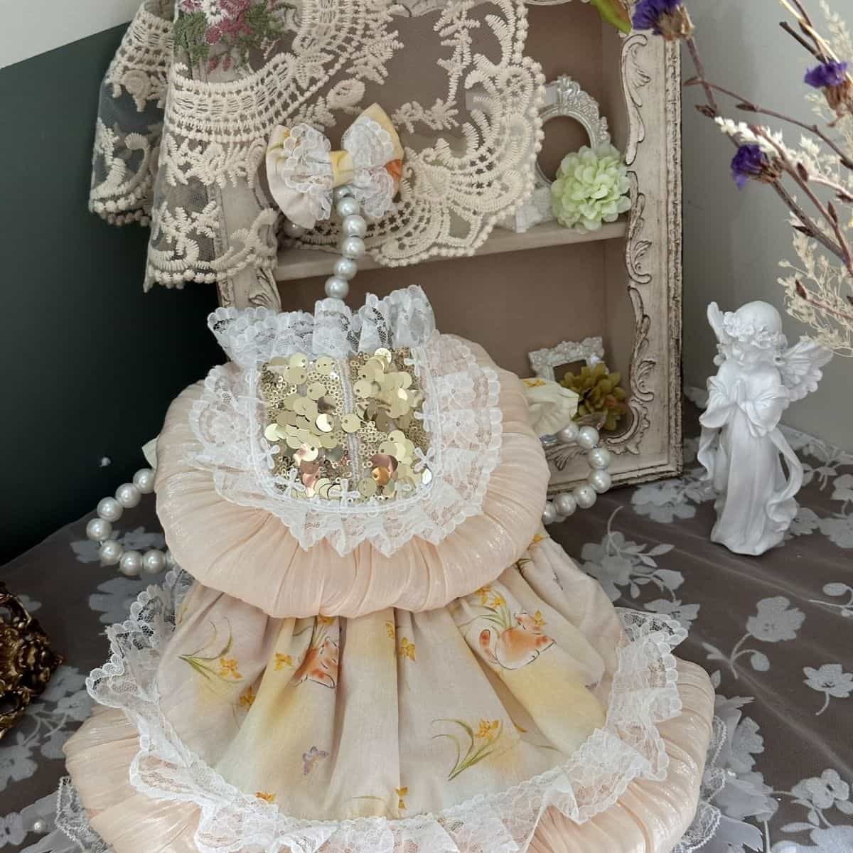 Customizable Peach Floral Pet Dress with Ruffles and Lace Accents