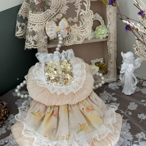 Customizable Peach Floral Pet Dress with Ruffles and Lace Accents