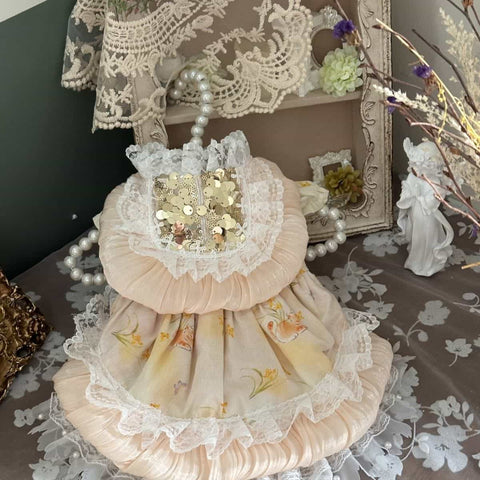 Customizable Peach Floral Pet Dress with Ruffles and Lace Accents