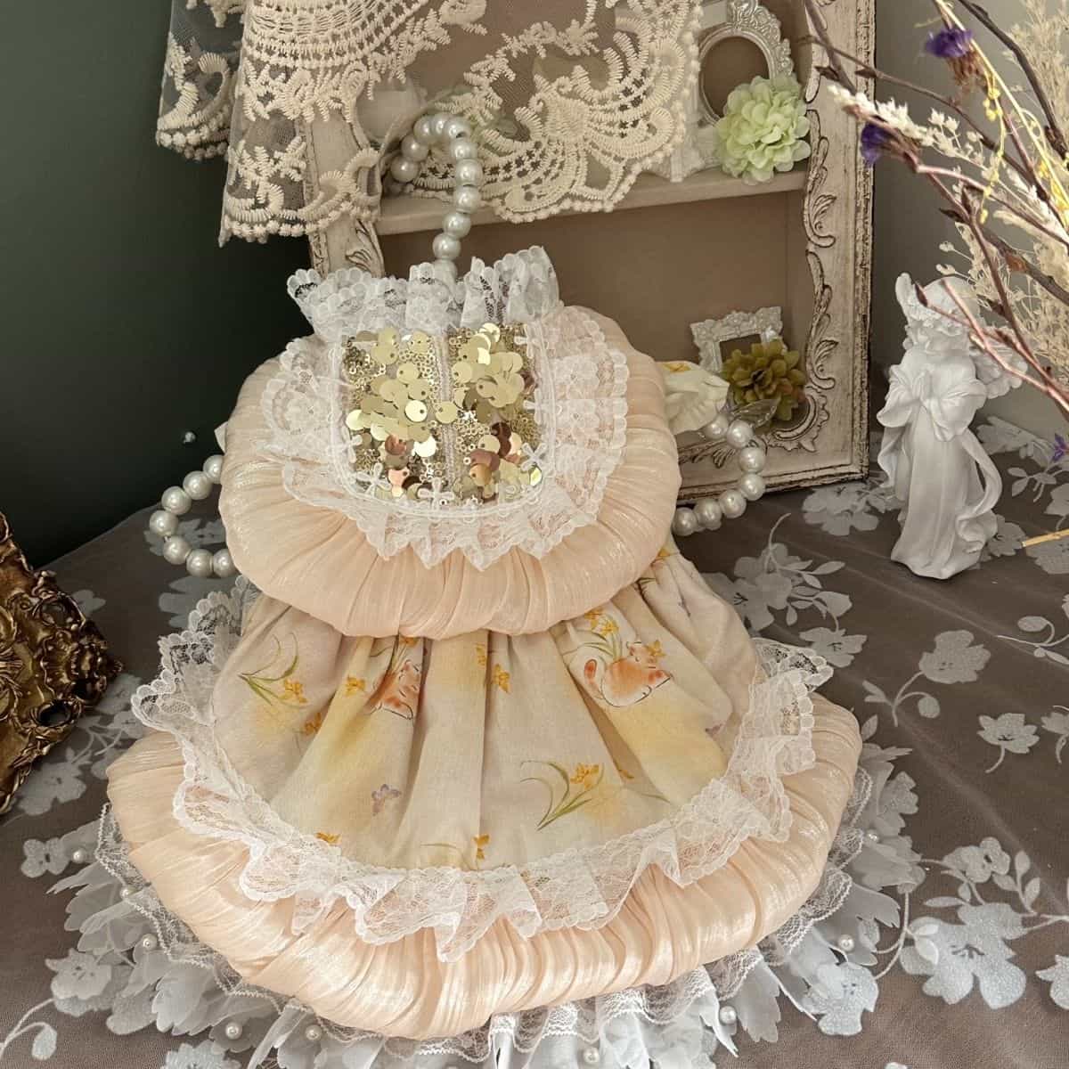 Customizable Peach Floral Pet Dress with Ruffles and Lace Accents