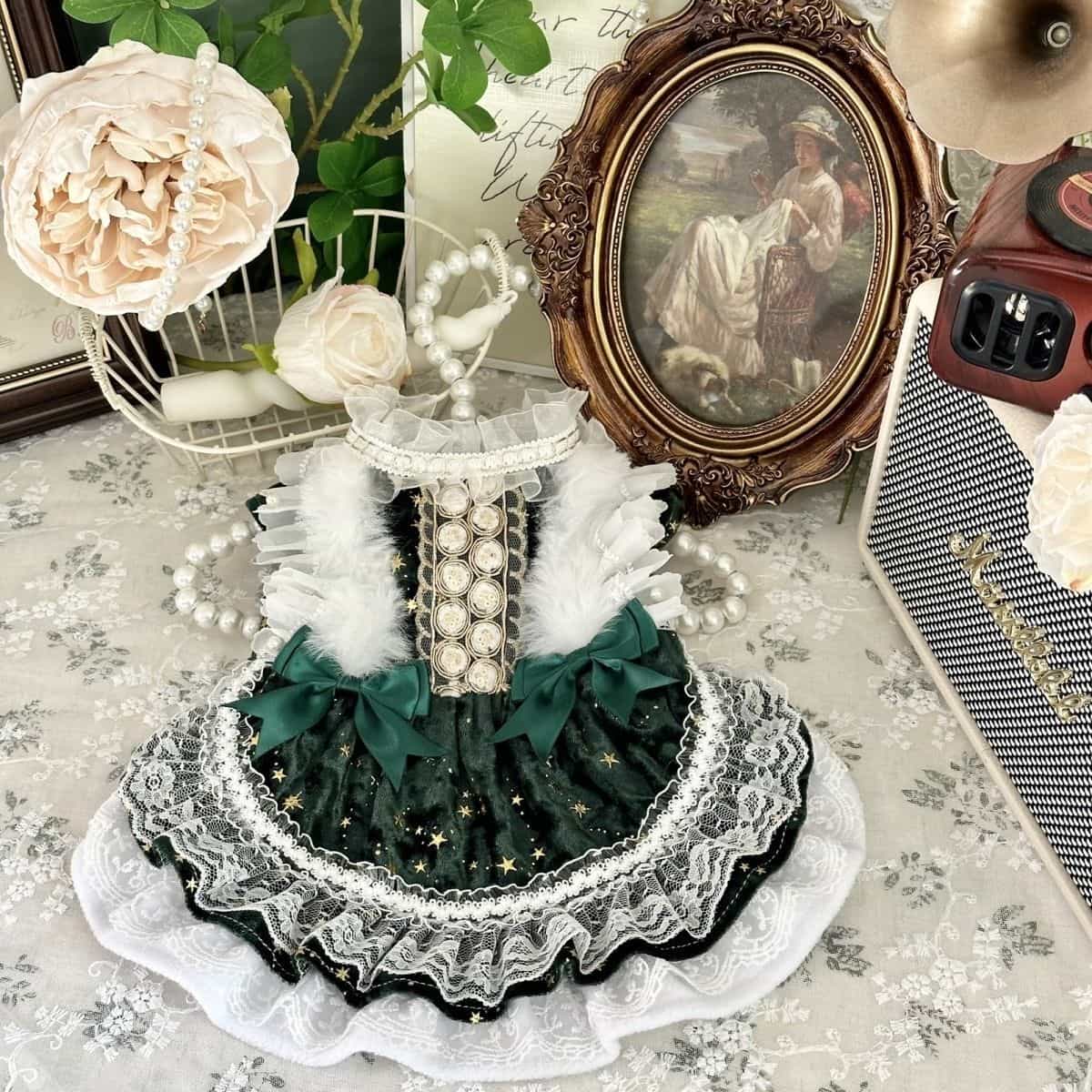 Customizable Elegant Pet Dress in Deep Green with White Lace and Star Accents