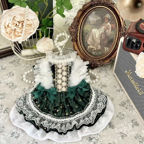 Customizable Elegant Pet Dress in Deep Green with White Lace and Star Accents