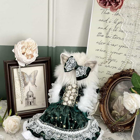 Customizable Elegant Pet Dress in Deep Green with White Lace and Star Accents
