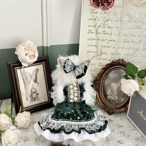 Customizable Elegant Pet Dress in Deep Green with White Lace and Star Accents
