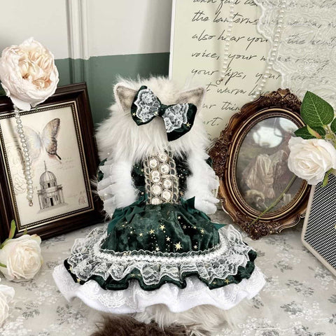 Customizable Elegant Pet Dress in Deep Green with White Lace and Star Accents