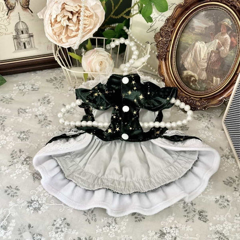 Customizable Elegant Pet Dress in Deep Green with White Lace and Star Accents