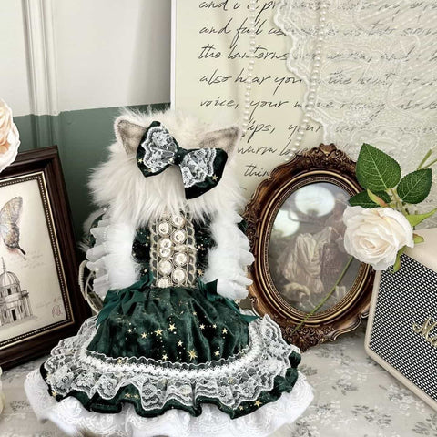 Customizable Elegant Pet Dress in Deep Green with White Lace and Star Accents