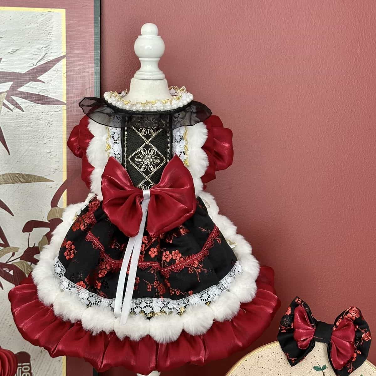 Customizable Luxurious Red and Black Pet Dress with Fur Trim and Bow