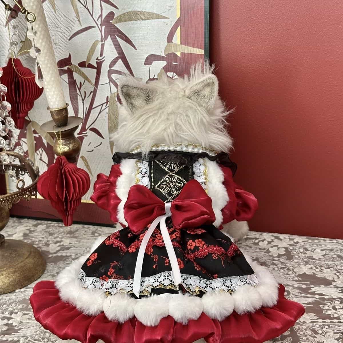 Customizable Luxurious Red and Black Pet Dress with Fur Trim and Bow
