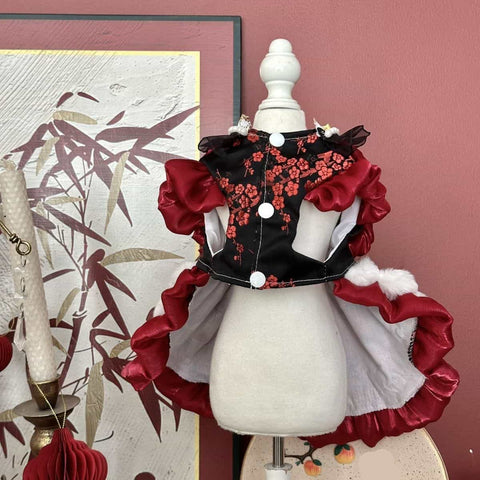 Customizable Luxurious Red and Black Pet Dress with Fur Trim and Bow