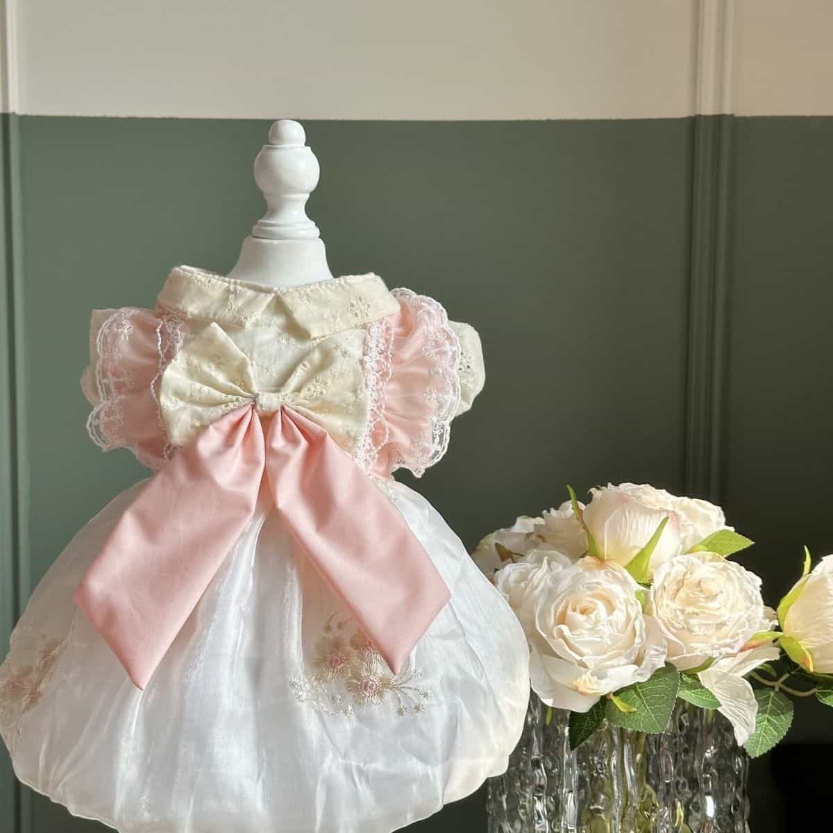 Customizable Pink and White Pet Dress with Lace Ruffles and Satin Bow