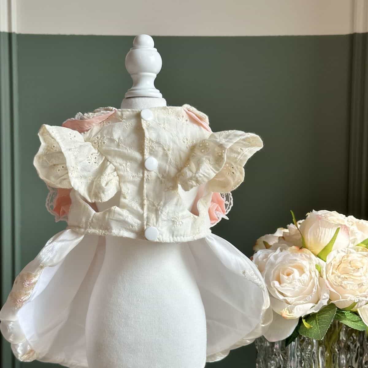 Customizable Pink and White Pet Dress with Lace Ruffles and Satin Bow