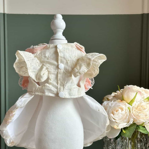 Customizable Pink and White Pet Dress with Lace Ruffles and Satin Bow