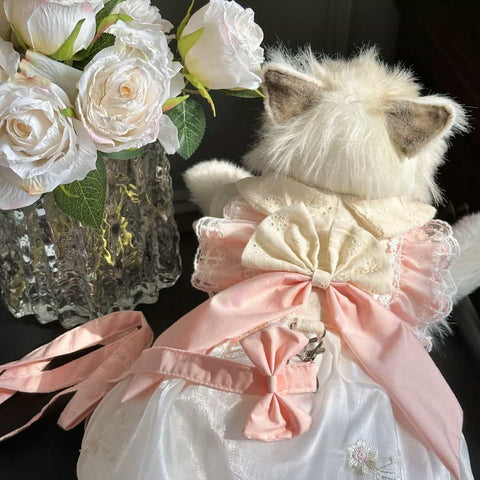 Customizable Pink and White Pet Dress with Lace Ruffles and Satin Bow