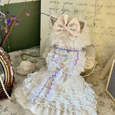 Customizable Ivory Floral Pet Dress with Ruffles and Lace Bow
