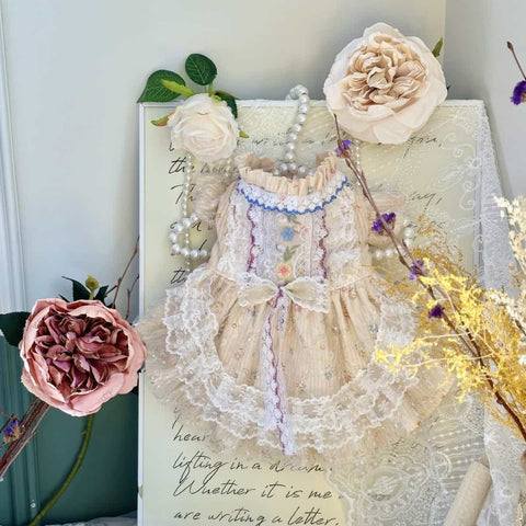 Customizable Ivory Floral Pet Dress with Ruffles and Lace Bow