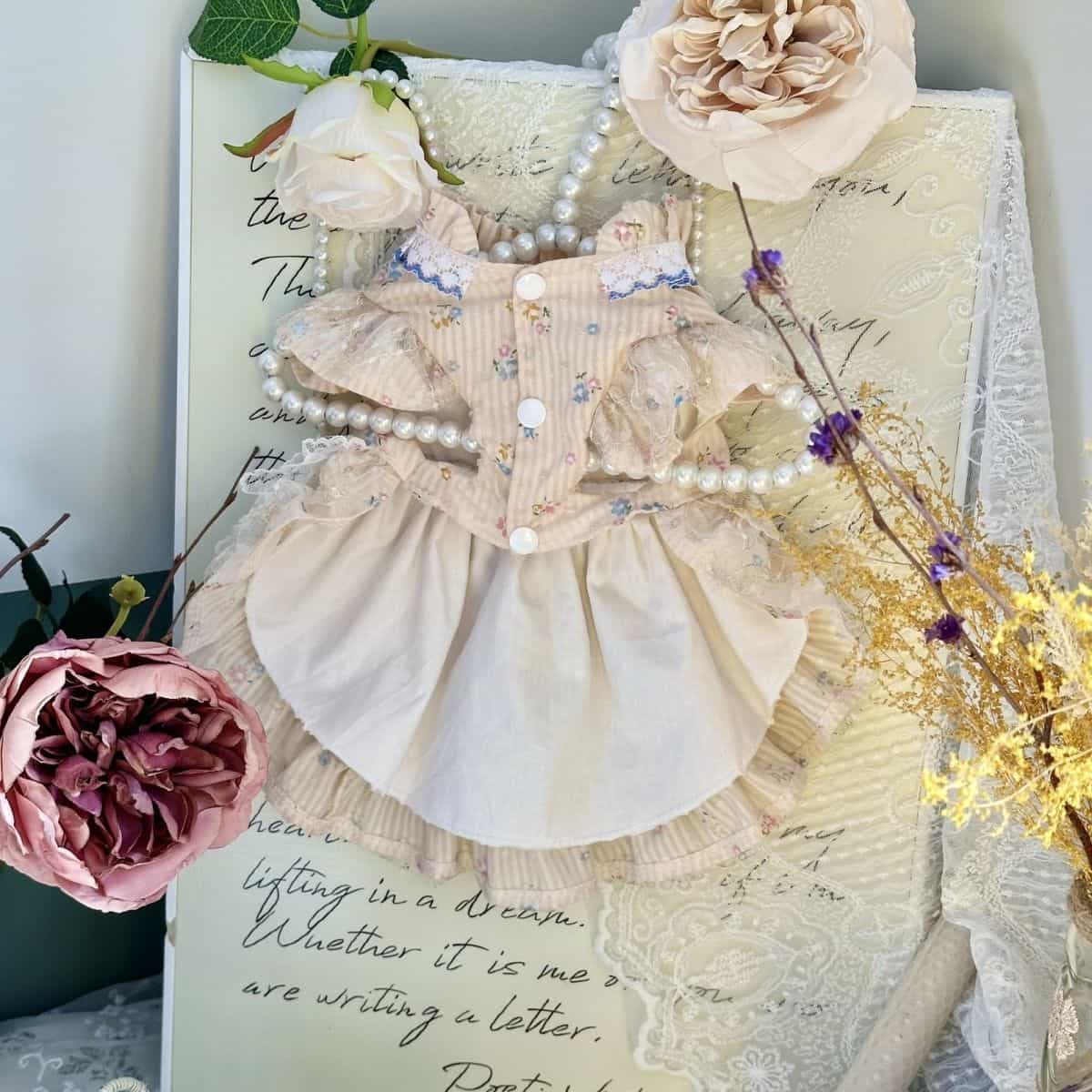 Customizable Ivory Floral Pet Dress with Ruffles and Lace Bow