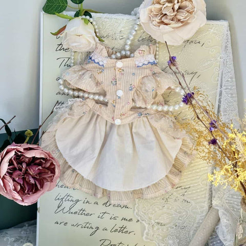 Customizable Ivory Floral Pet Dress with Ruffles and Lace Bow